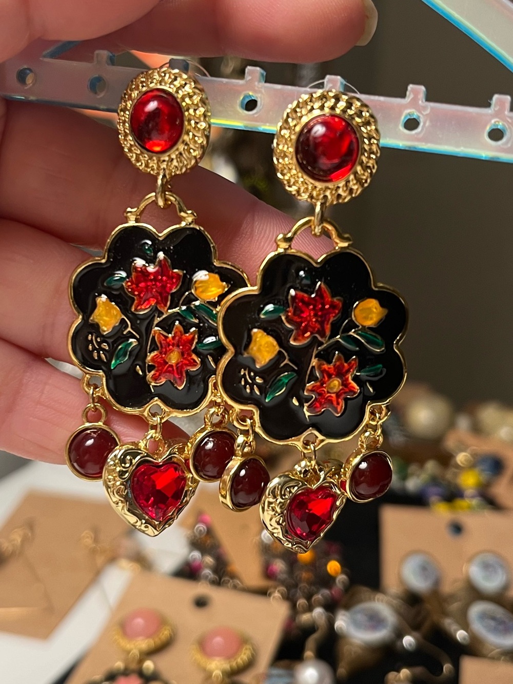 Enamel Floral Gold Tone Drop Earrings